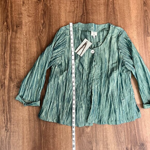 NEW Kathleen Sommers Shirt Jacket Crinkle Iridescent Artsy Green Teal Sz M - Picture 9 of 12